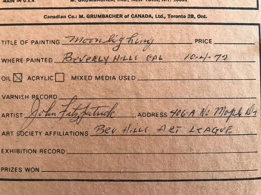 Framed Original Oil Painting By John Fitzpatrick Beverly Hills Art League Titled 'Moonlighting' Deer [Photo 10]