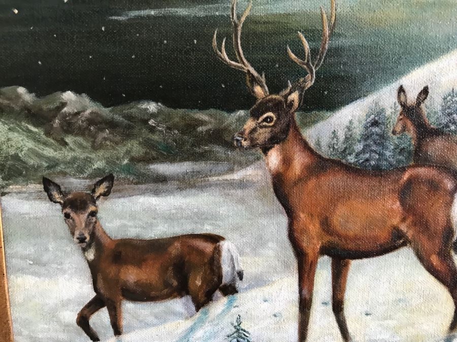 Framed Original Oil Painting By John Fitzpatrick Beverly Hills Art League Titled 'Moonlighting' Deer [Photo 3]