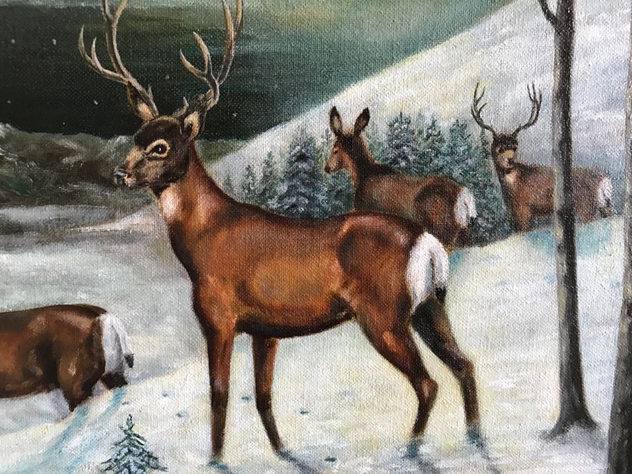 Framed Original Oil Painting By John Fitzpatrick Beverly Hills Art League Titled 'Moonlighting' Deer [Photo 4]