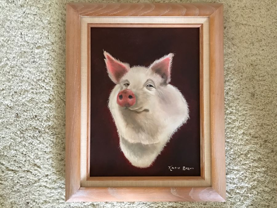 Framed Original Oil Painting Of Pig By Katie Brown