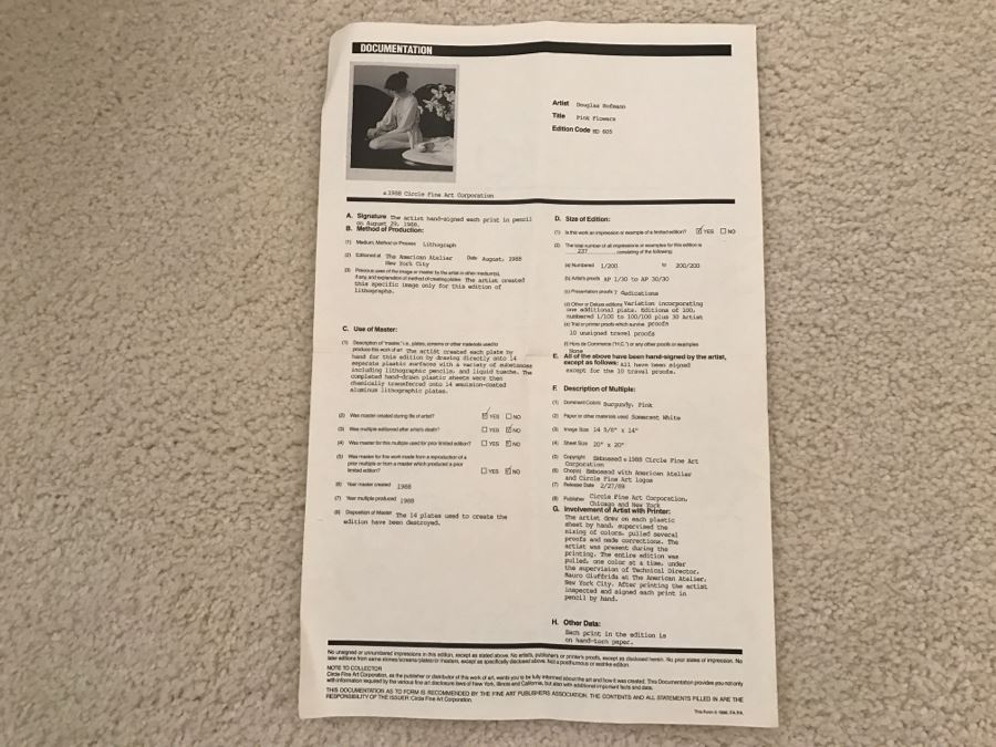 Douglas Hofmann Nude 'Pink Flowers' Hand-Signed Lithograph Print 1988 29 Of 200 [Photo 13]