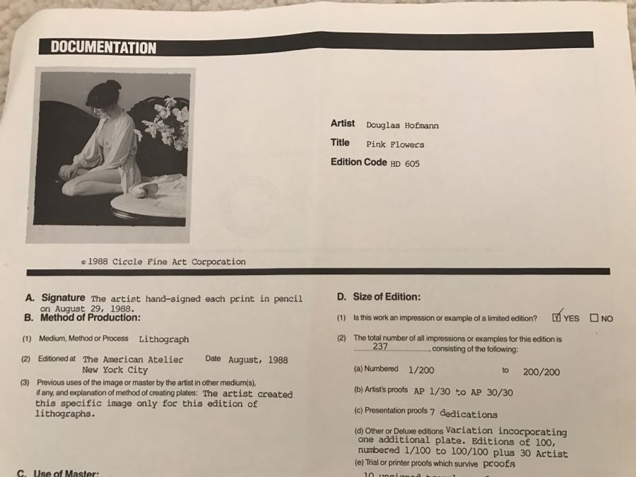 Douglas Hofmann Nude 'Pink Flowers' Hand-Signed Lithograph Print 1988 29 Of 200 [Photo 14]