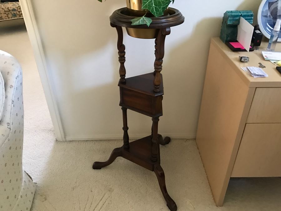 Wooden 3-Tier Plant Stand With Brass Pot And Artificial Plant [Photo 2]