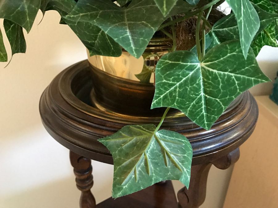 Wooden 3-Tier Plant Stand With Brass Pot And Artificial Plant [Photo 3]