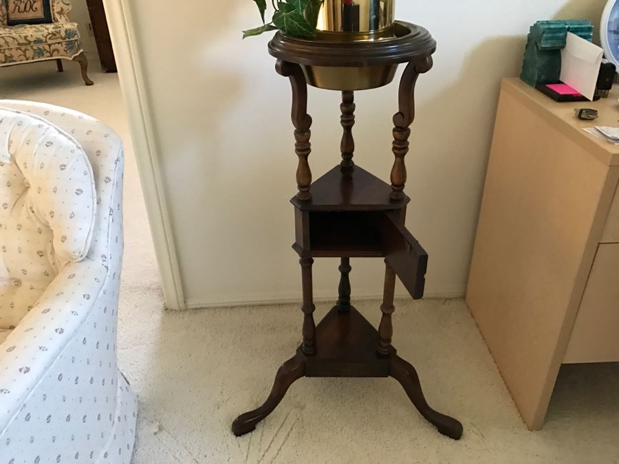 Wooden 3-Tier Plant Stand With Brass Pot And Artificial Plant [Photo 6]