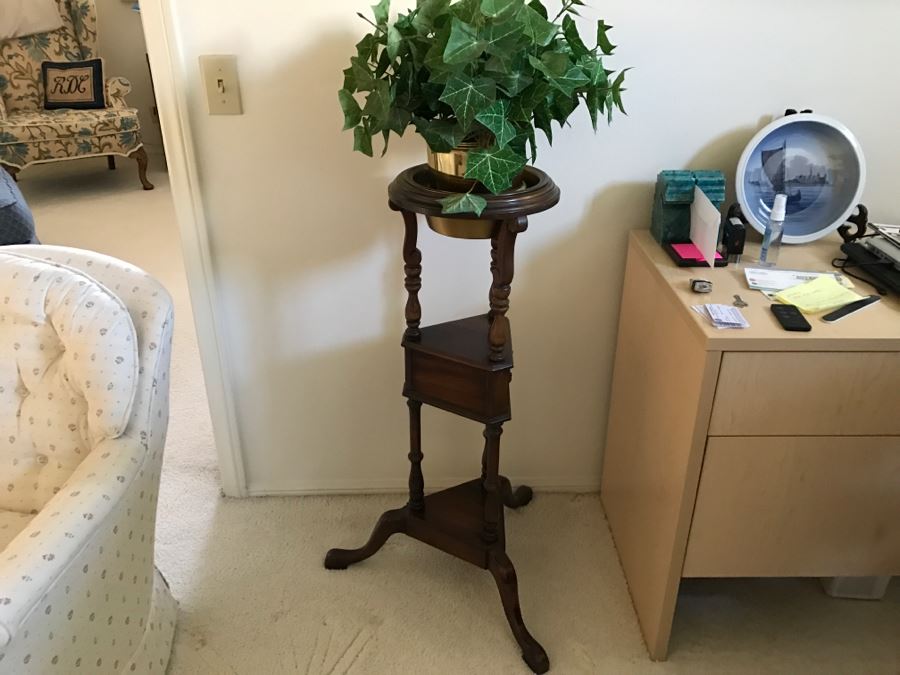 Wooden 3-Tier Plant Stand With Brass Pot And Artificial Plant