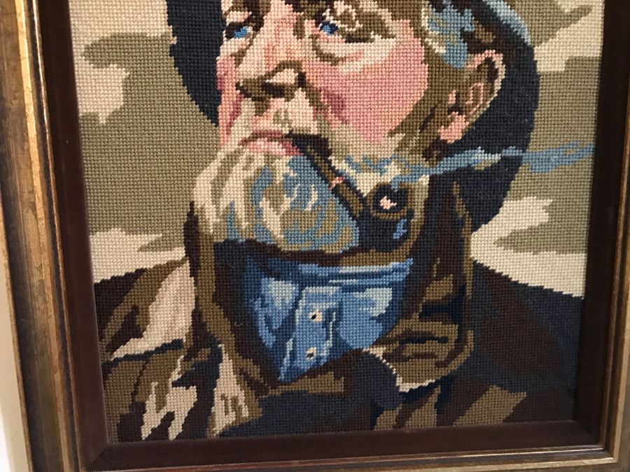 Framed Needlepoint Of Fisherman Smoking Pipe [Photo 4]