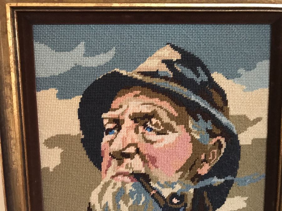 Framed Needlepoint Of Fisherman Smoking Pipe [Photo 3]