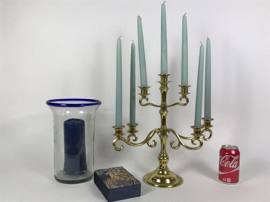 Brass candelabra, Glass Candle Holder And Needlepoint Box [Photo 1]