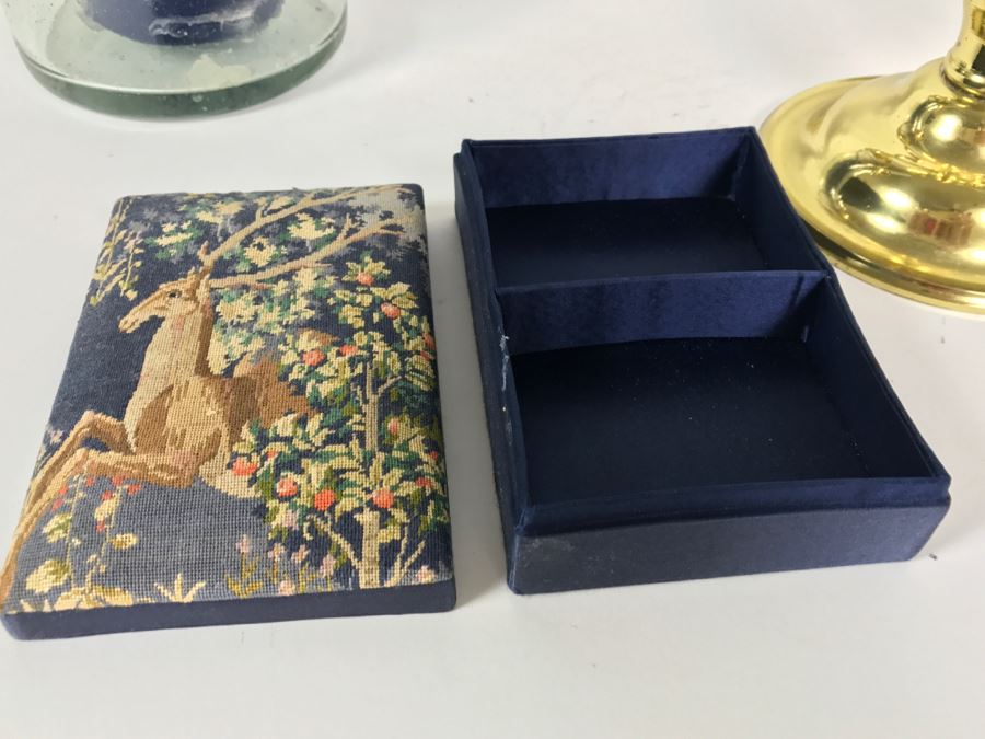 Brass candelabra, Glass Candle Holder And Needlepoint Box [Photo 5]