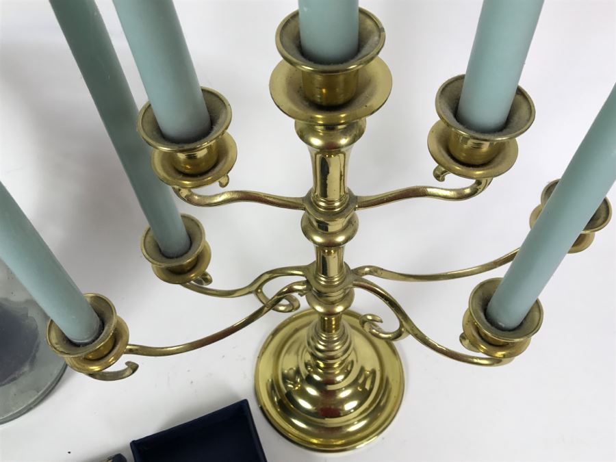 Brass candelabra, Glass Candle Holder And Needlepoint Box [Photo 9]