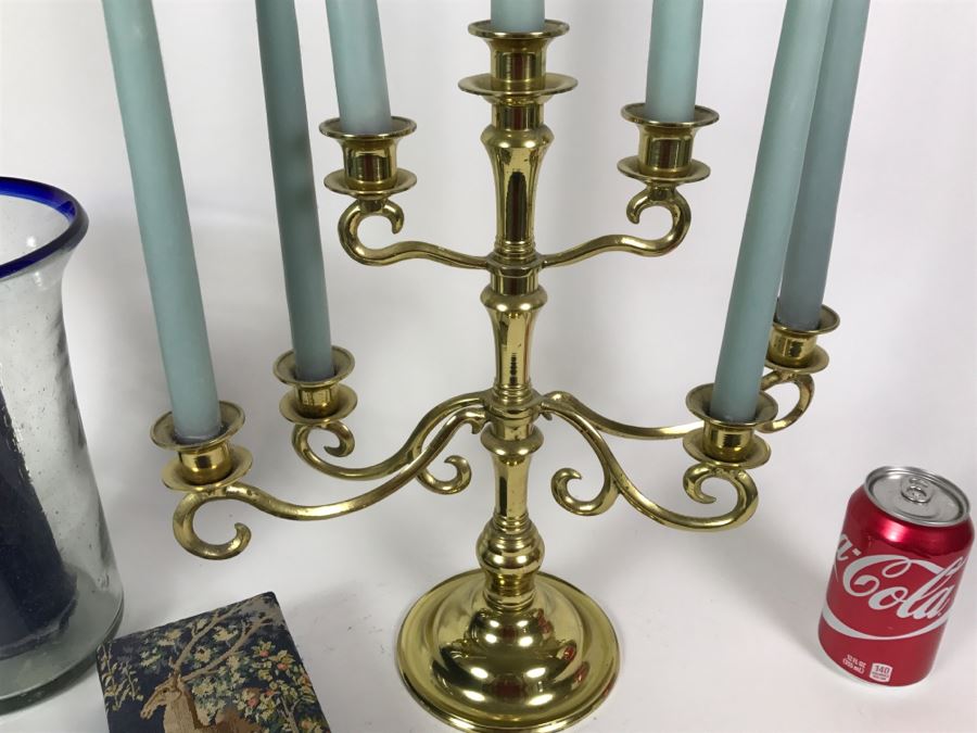 Brass candelabra, Glass Candle Holder And Needlepoint Box [Photo 2]