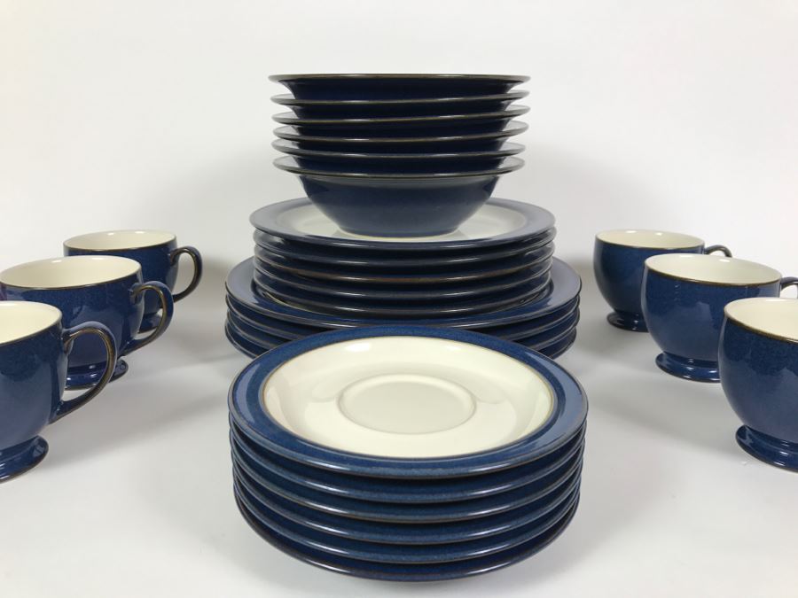 DENBY England Blue And White Dinnerware Stoneware ~27 Pieces