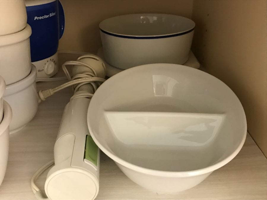 Various Kitchen Appliances, Cookware, Corningware, Hand Painted Pig - Everything Shown On 4 Shelves [Photo 24]