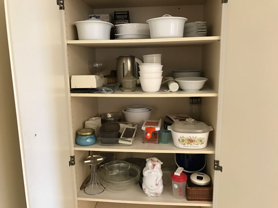 Various Kitchen Appliances, Cookware, Corningware, Hand Painted Pig - Everything Shown On 4 Shelves