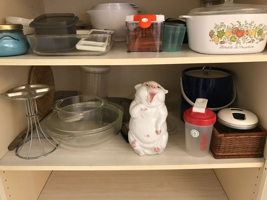 Various Kitchen Appliances, Cookware, Corningware, Hand Painted Pig - Everything Shown On 4 Shelves [Photo 3]