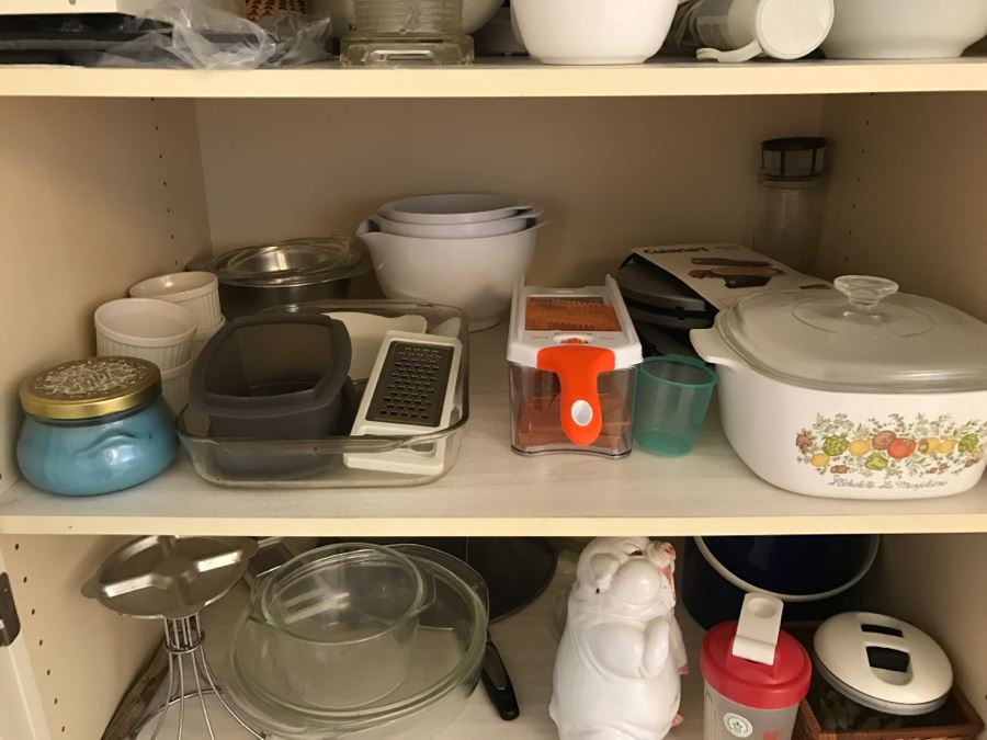 Various Kitchen Appliances, Cookware, Corningware, Hand Painted Pig - Everything Shown On 4 Shelves [Photo 10]