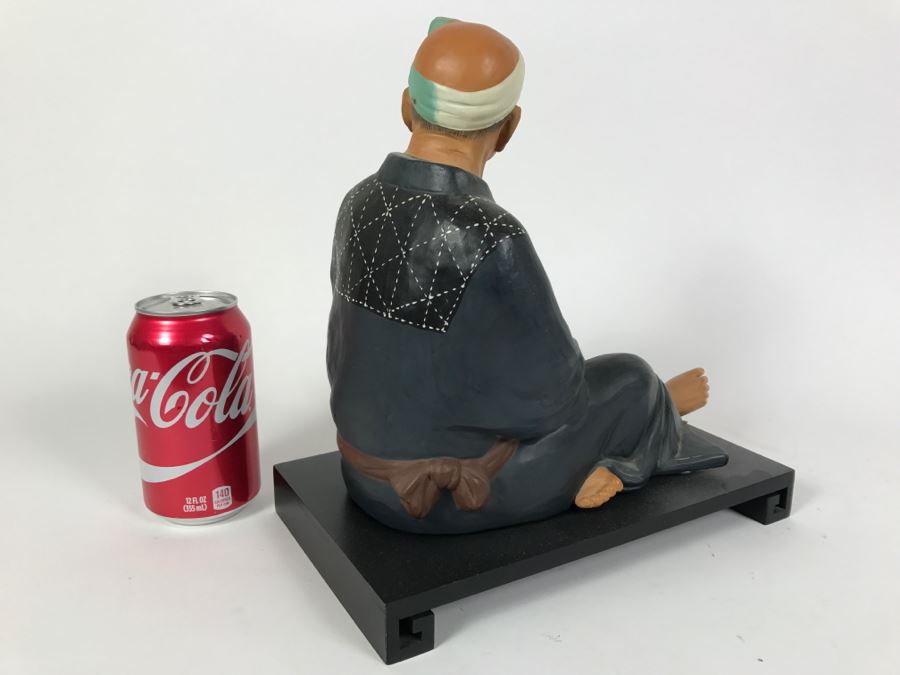 Hakata Urasaki Doll Signed Fisherman With Net With Wooden Stand Japan [Photo 7]