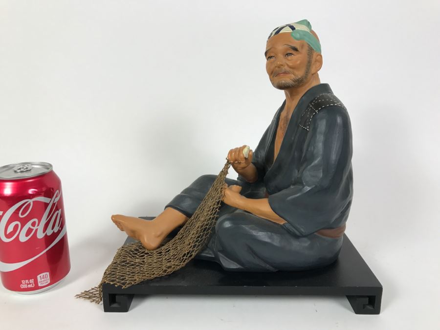 Hakata Urasaki Doll Signed Fisherman With Net With Wooden Stand Japan [Photo 5]