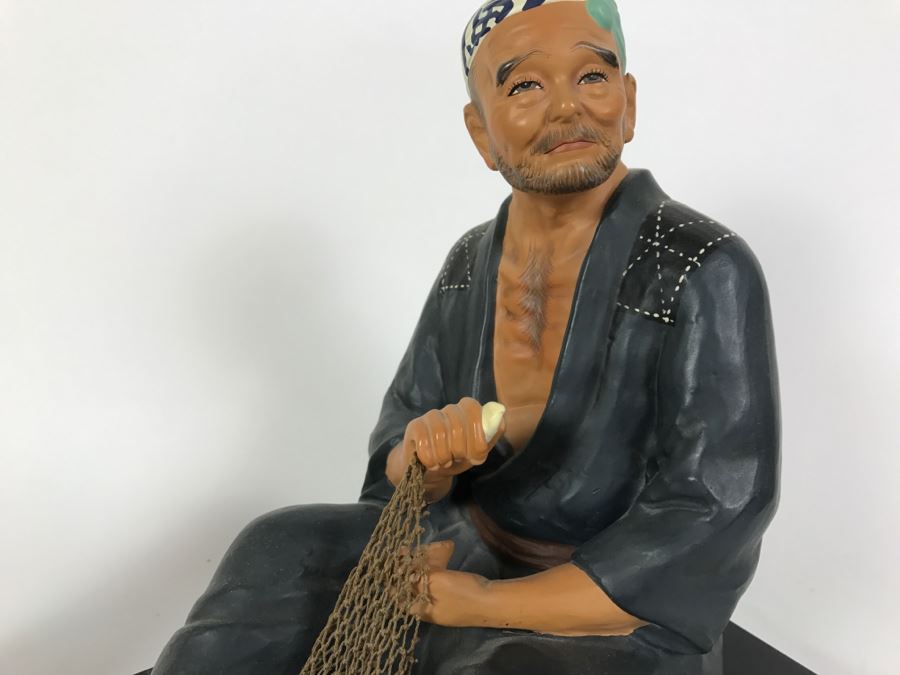 Hakata Urasaki Doll Signed Fisherman With Net With Wooden Stand Japan [Photo 4]