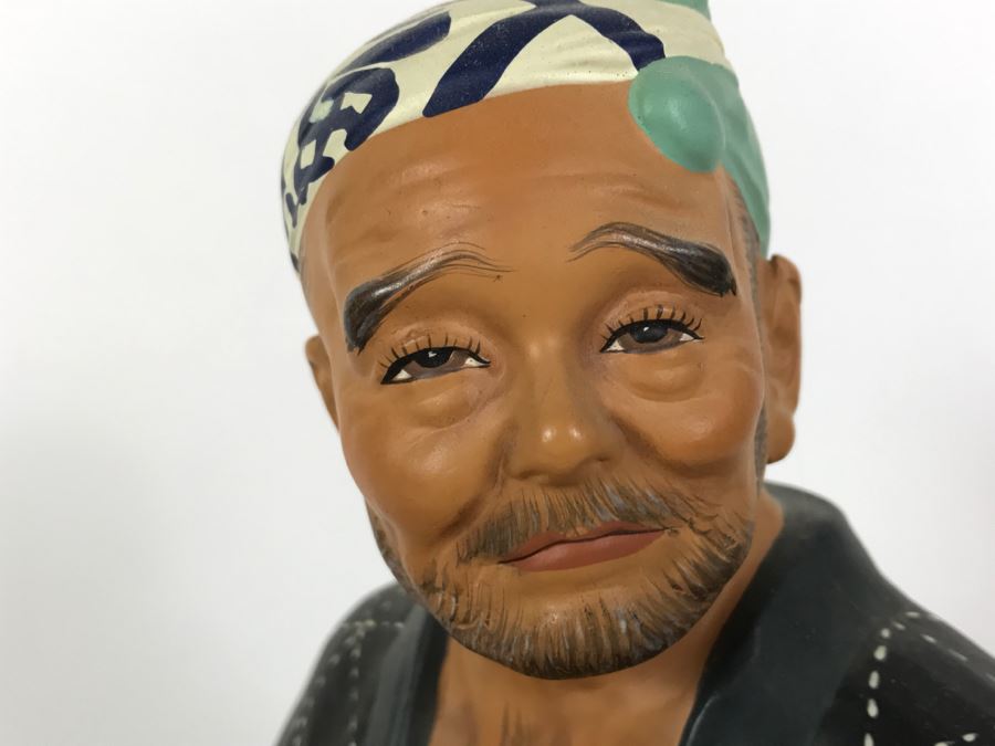 Hakata Urasaki Doll Signed Fisherman With Net With Wooden Stand Japan [Photo 3]
