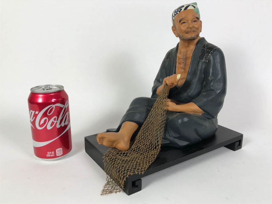 Hakata Urasaki Doll Signed Fisherman With Net With Wooden Stand Japan