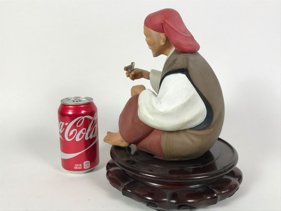 Hakata Urasaki Doll Signed Man With Bird With Wooden Stand Japan [Photo 5]