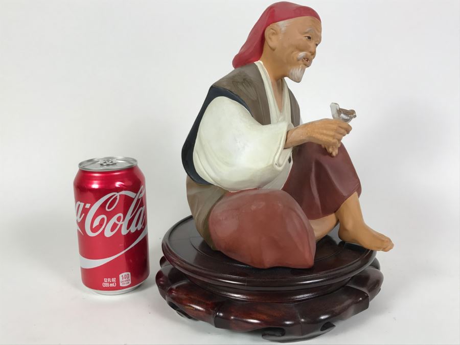 Hakata Urasaki Doll Signed Man With Bird With Wooden Stand Japan [Photo 3]