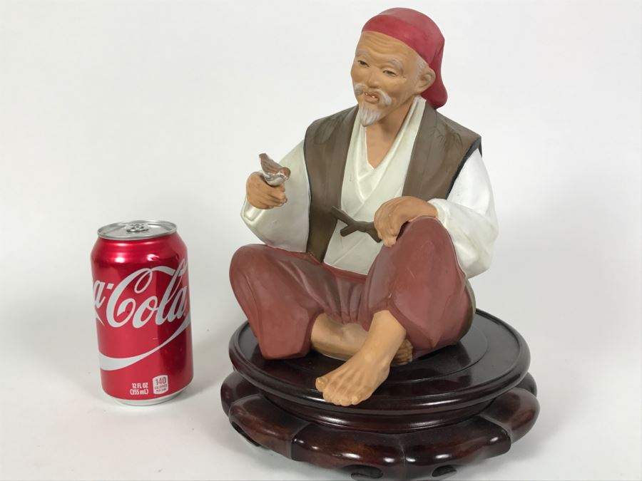 Hakata Urasaki Doll Signed Man With Bird With Wooden Stand Japan [Photo 6]