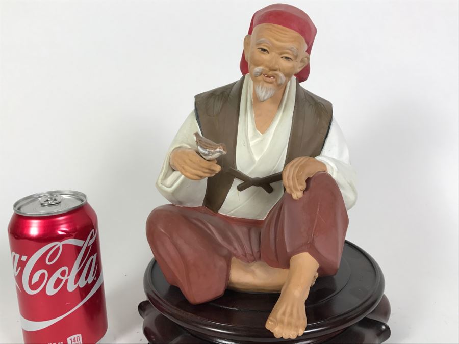 Hakata Urasaki Doll Signed Man With Bird With Wooden Stand Japan [Photo 2]