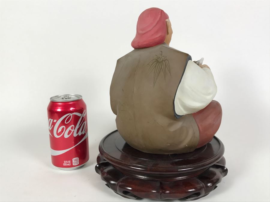 Hakata Urasaki Doll Signed Man With Bird With Wooden Stand Japan [Photo 4]