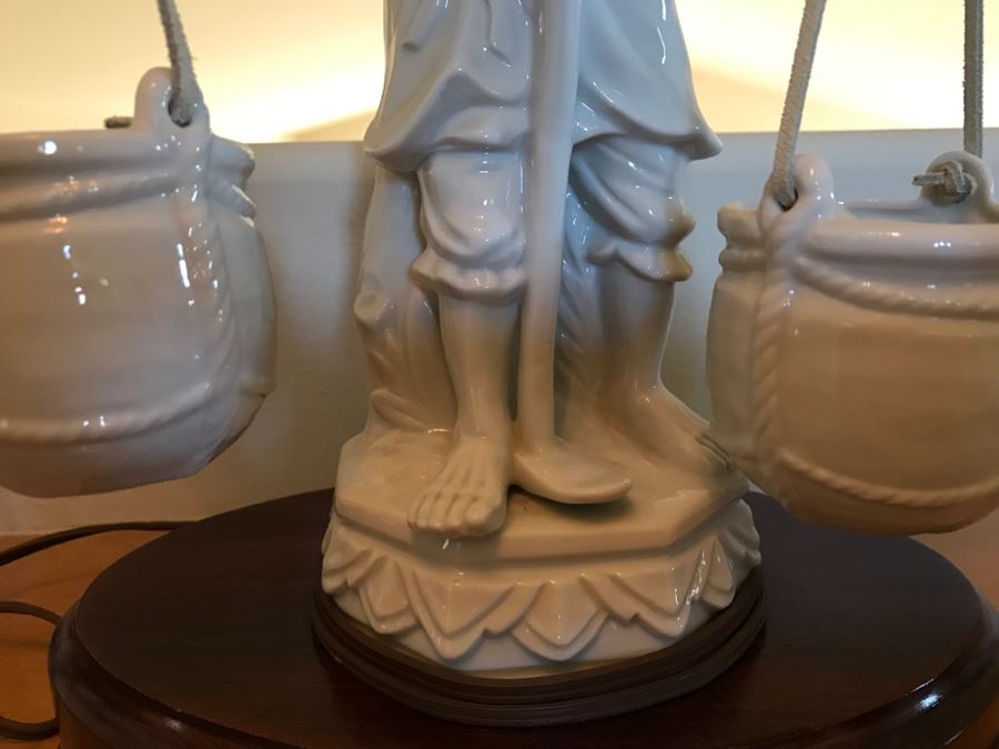 White Porcelain Asian Lamp With Shade Man Carrying Baskets [Photo 6]