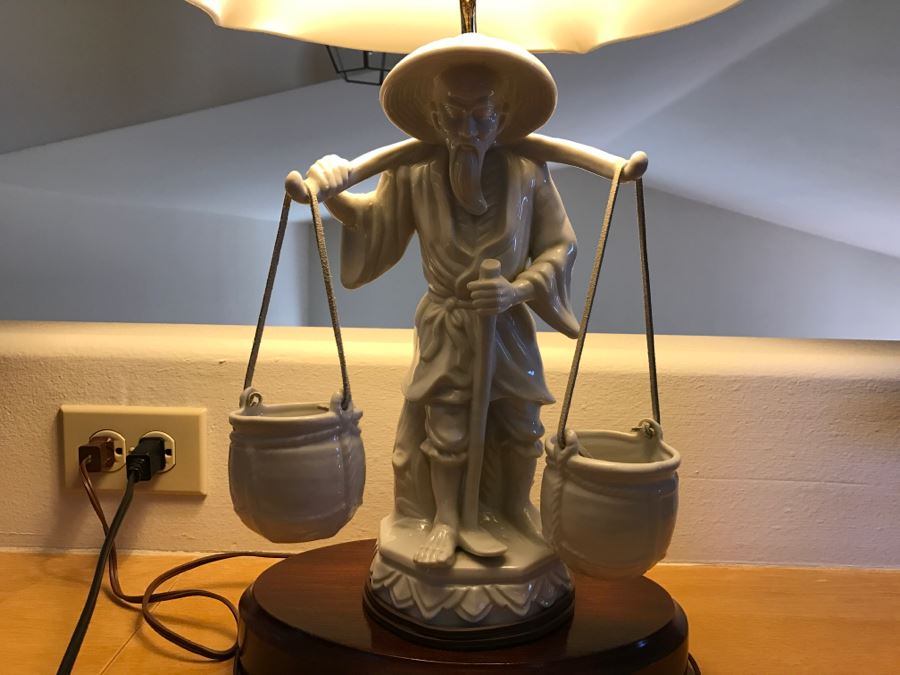 White Porcelain Asian Lamp With Shade Man Carrying Baskets [Photo 2]