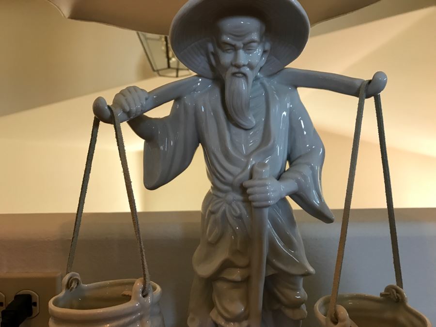 White Porcelain Asian Lamp With Shade Man Carrying Baskets [Photo 5]