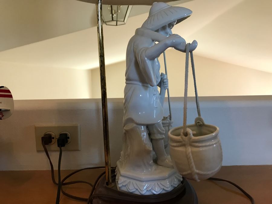 White Porcelain Asian Lamp With Shade Man Carrying Baskets [Photo 7]