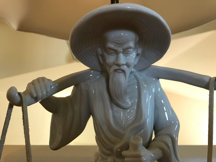 White Porcelain Asian Lamp With Shade Man Carrying Baskets [Photo 3]