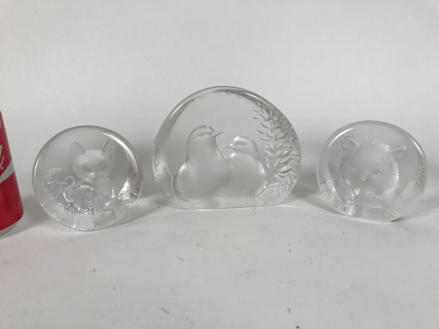 Set Of 3 Mats Jonasson Lead Crystal Glass Animal Figurine Paperweights Handmade In Sweden Individually Etched Signed