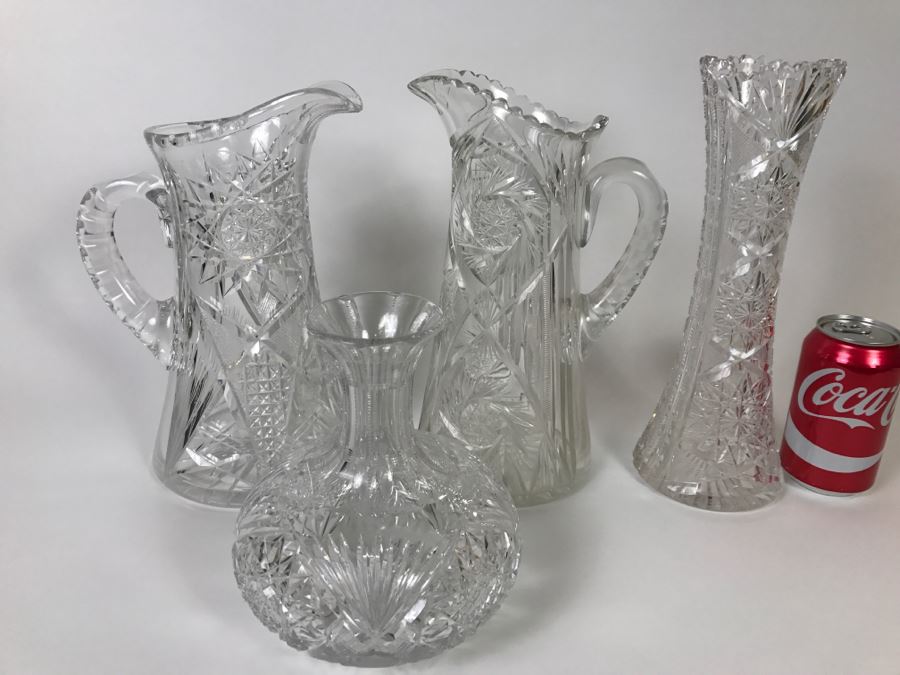 Heavy Cut Crystal Pitchers, Vase And Decanter
