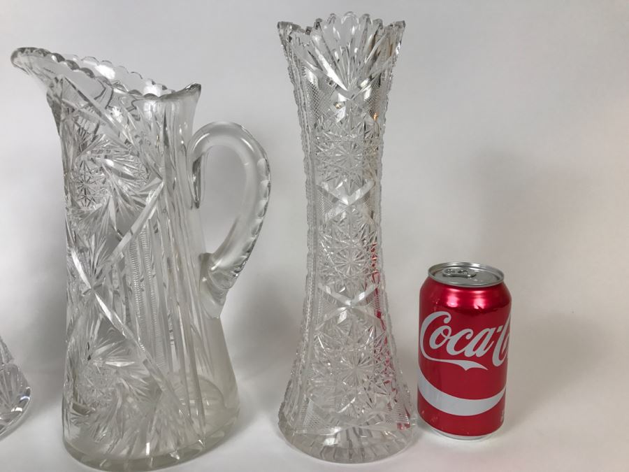 Heavy Cut Crystal Pitchers, Vase And Decanter