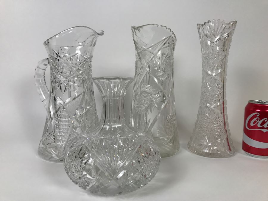 Heavy Cut Crystal Pitchers, Vase And Decanter