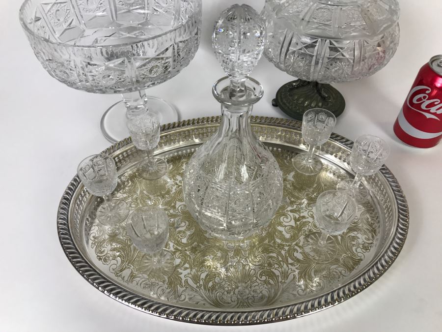 Cut Crystal Decanter With Crystal Stemware Glasses On Silverplate Tray, Footed Crystal Dish And Footed Crystal Dish With Lid (Has Chip On Rim) [Photo 6]