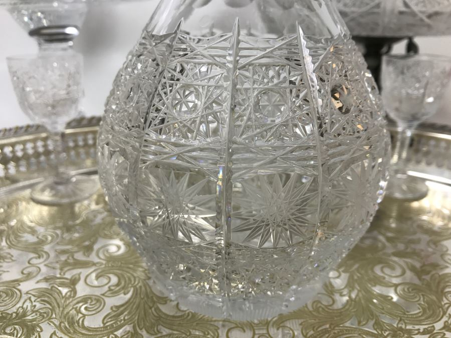 Cut Crystal Decanter With Crystal Stemware Glasses On Silverplate Tray, Footed Crystal Dish And Footed Crystal Dish With Lid (Has Chip On Rim) [Photo 3]