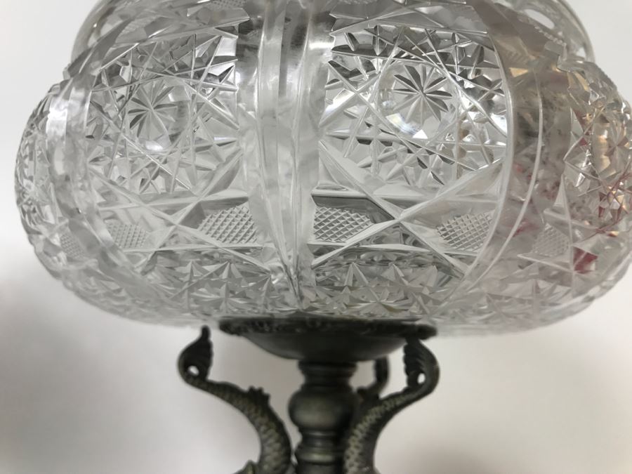 Cut Crystal Decanter With Crystal Stemware Glasses On Silverplate Tray, Footed Crystal Dish And Footed Crystal Dish With Lid (Has Chip On Rim) [Photo 15]