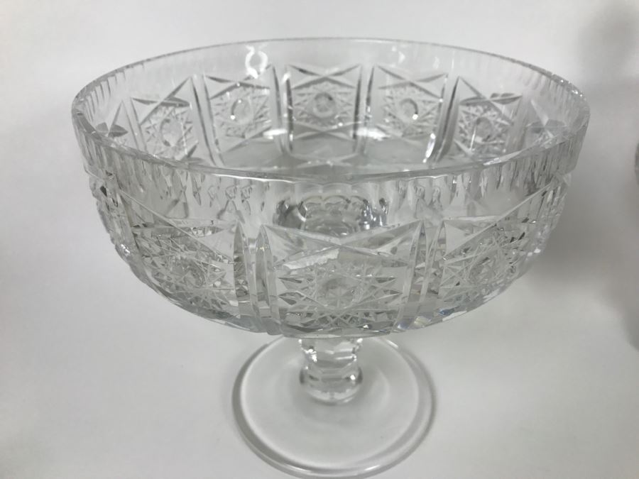 Cut Crystal Decanter With Crystal Stemware Glasses On Silverplate Tray, Footed Crystal Dish And Footed Crystal Dish With Lid (Has Chip On Rim) [Photo 9]