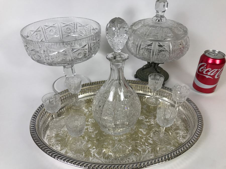 Cut Crystal Decanter With Crystal Stemware Glasses On Silverplate Tray, Footed Crystal Dish And Footed Crystal Dish With Lid (Has Chip On Rim) [Photo 5]