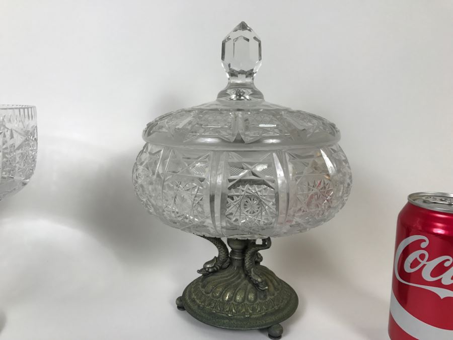 Cut Crystal Decanter With Crystal Stemware Glasses On Silverplate Tray, Footed Crystal Dish And Footed Crystal Dish With Lid (Has Chip On Rim) [Photo 12]