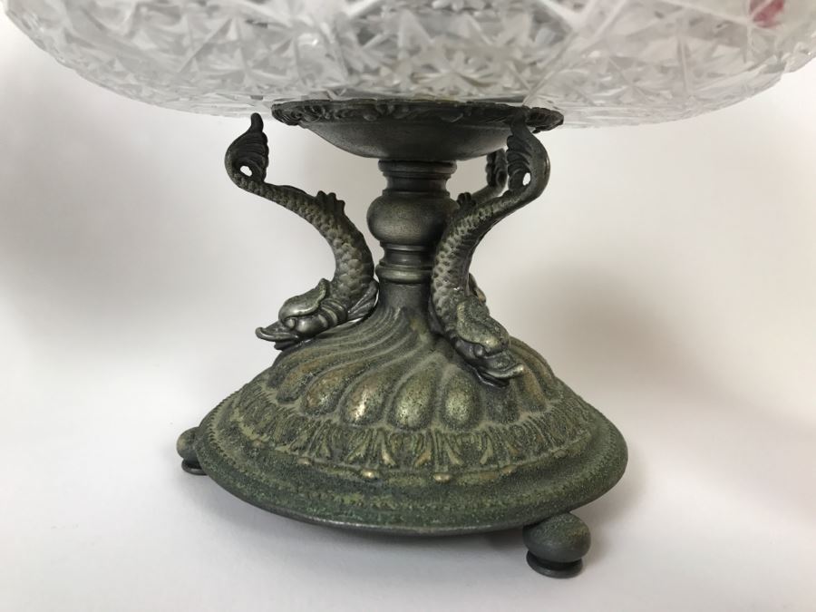 Cut Crystal Decanter With Crystal Stemware Glasses On Silverplate Tray, Footed Crystal Dish And Footed Crystal Dish With Lid (Has Chip On Rim) [Photo 13]