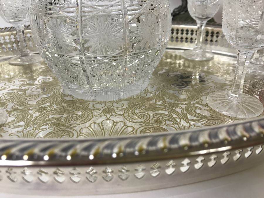 Cut Crystal Decanter With Crystal Stemware Glasses On Silverplate Tray, Footed Crystal Dish And Footed Crystal Dish With Lid (Has Chip On Rim) [Photo 7]