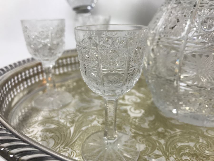 Cut Crystal Decanter With Crystal Stemware Glasses On Silverplate Tray, Footed Crystal Dish And Footed Crystal Dish With Lid (Has Chip On Rim) [Photo 4]