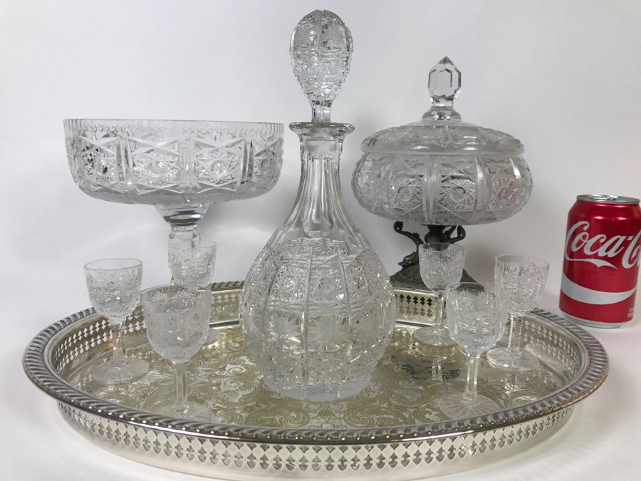 Cut Crystal Decanter With Crystal Stemware Glasses On Silverplate Tray, Footed Crystal Dish And Footed Crystal Dish With Lid (Has Chip On Rim) [Photo 2]
